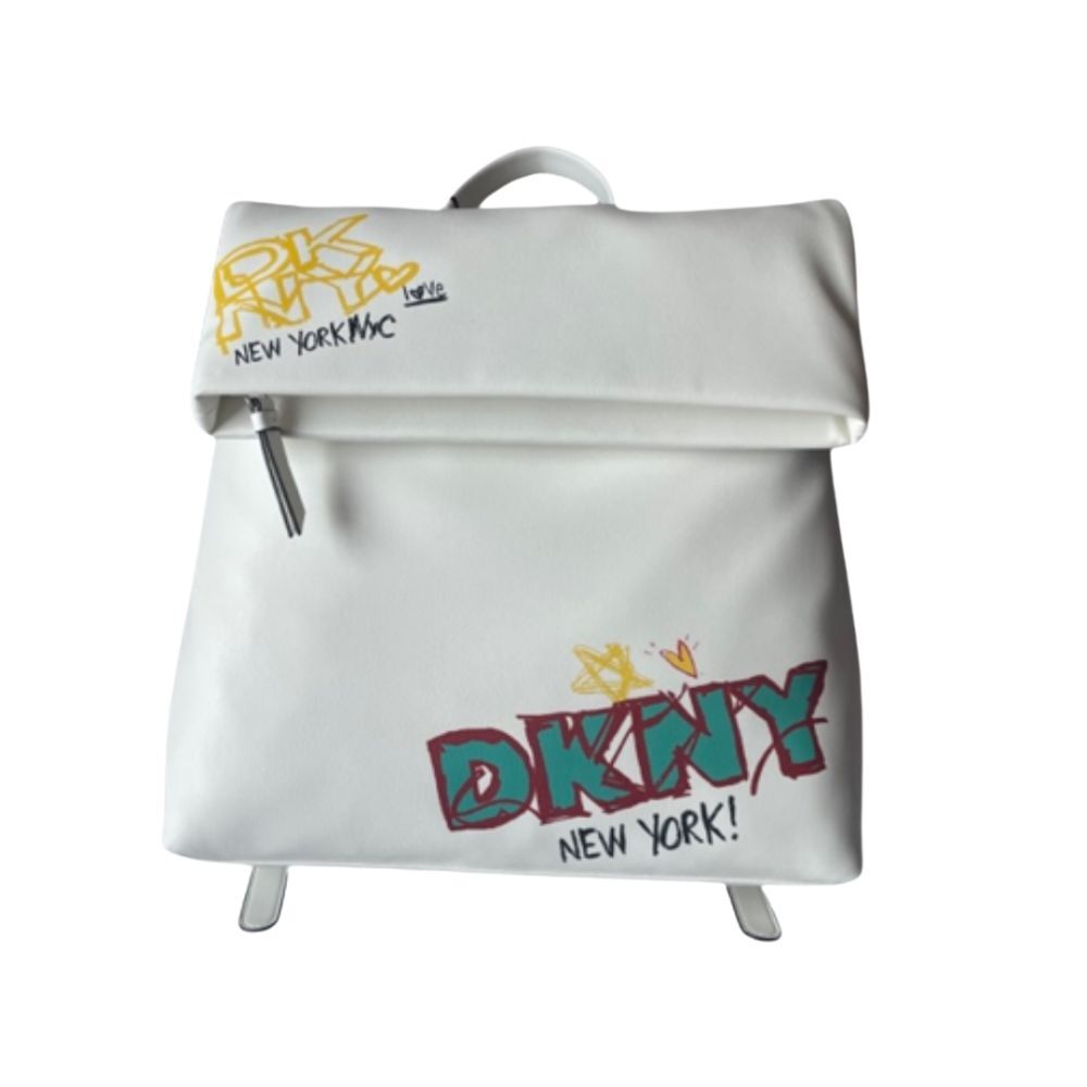 DKNY Graffiti Folding Backpack Purse New York  Zip Close Bag White New
